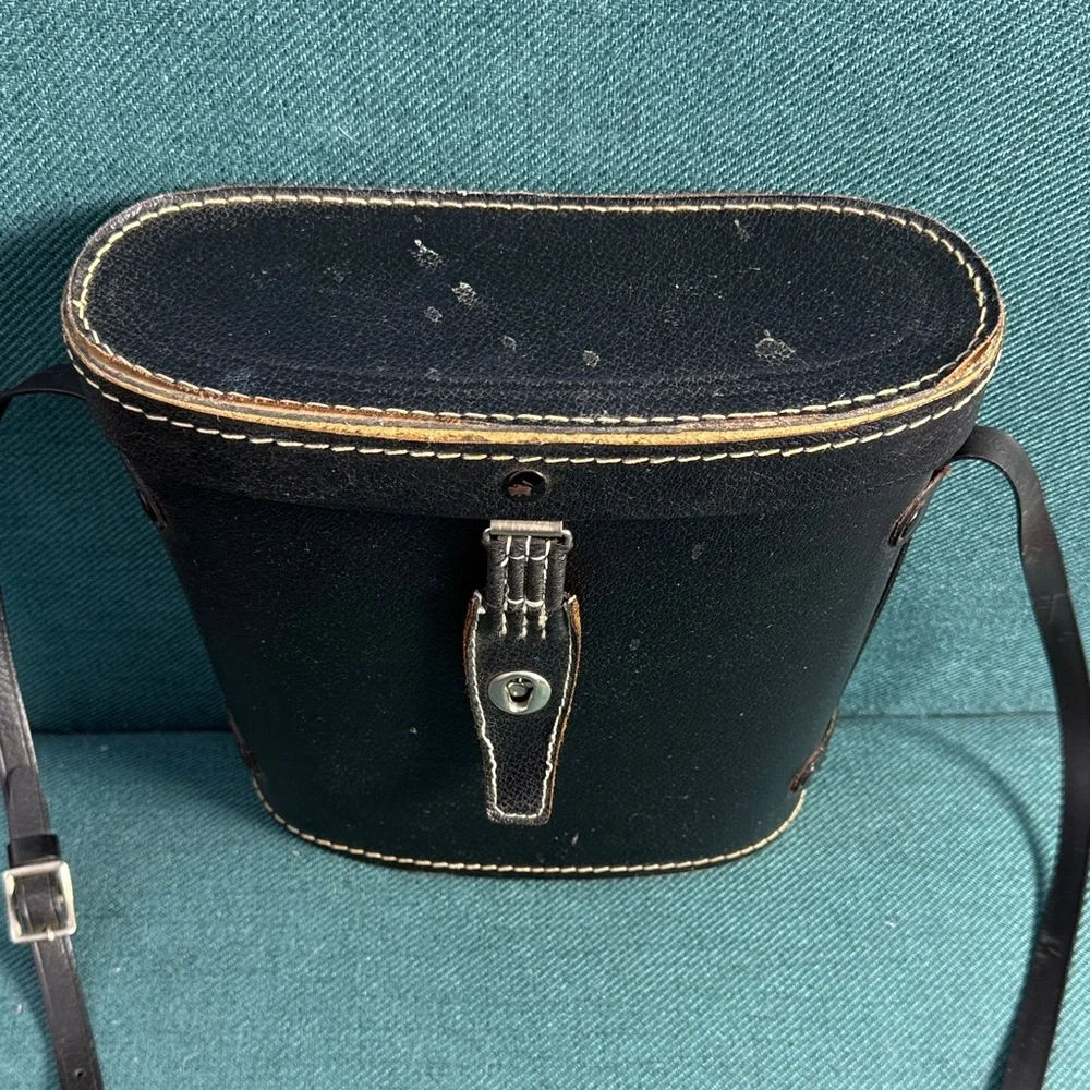 Vintage Antique Binoculars Case Black with Red Lining and Adjustable Strap
